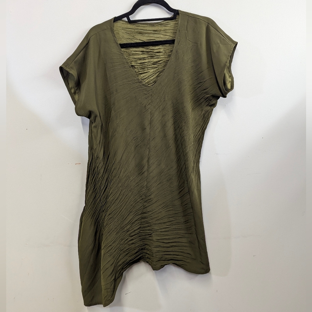 Micro Pleat Olive Green Women's Tunic Top Small S Asymmetrical Babette